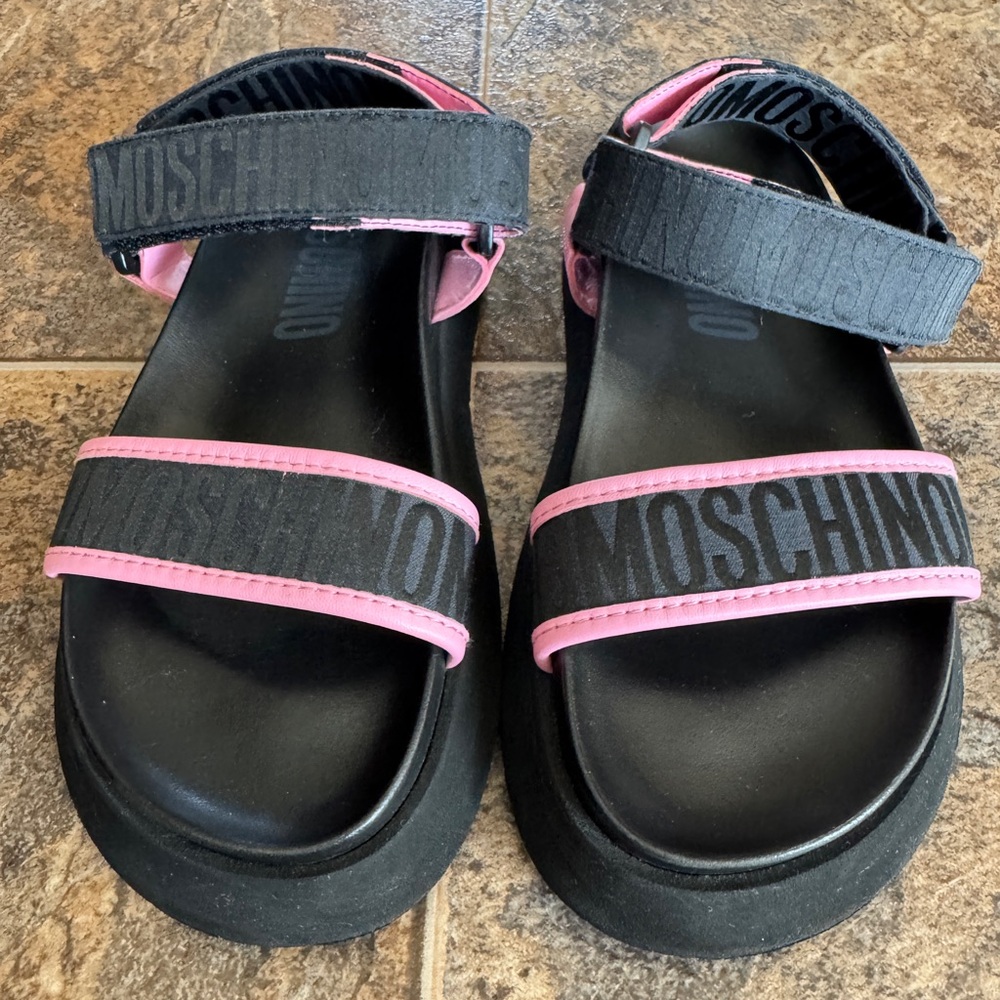 Moschino Logo Tape Slip On Double Strap Slip On Sandals- Black/Pink, Women’s 8